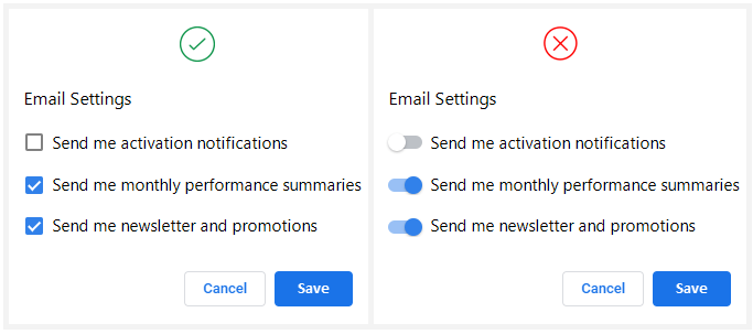 checkboxes - Toggle button vs. check box and toggle switch - User  Experience Stack Exchange