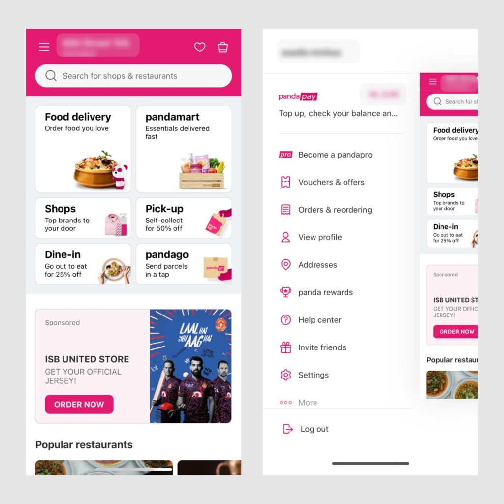 Hamburger menu and menu navigation in FoodPanda