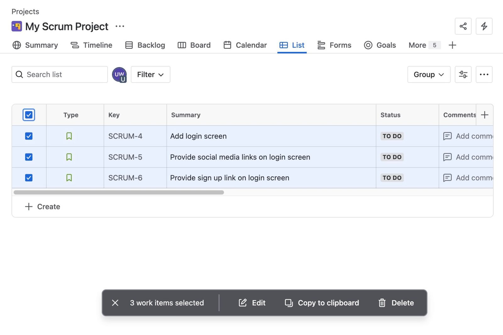 Jira bulk row actions