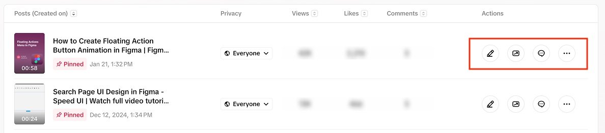 Tiktok Table row actions