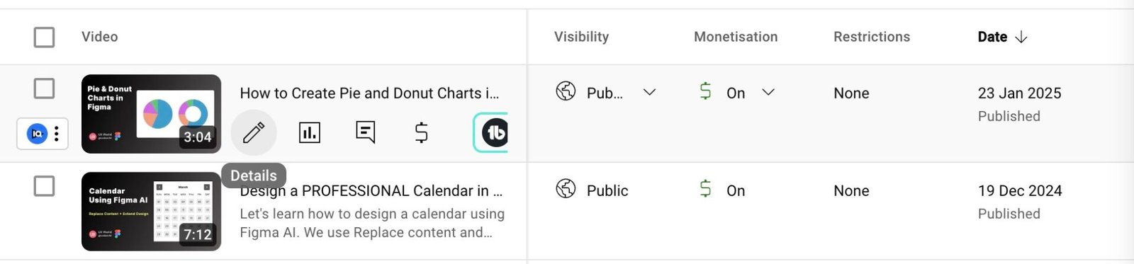 YouTube row actions