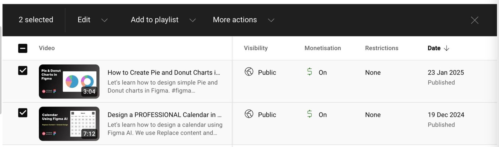 YouTube row actions